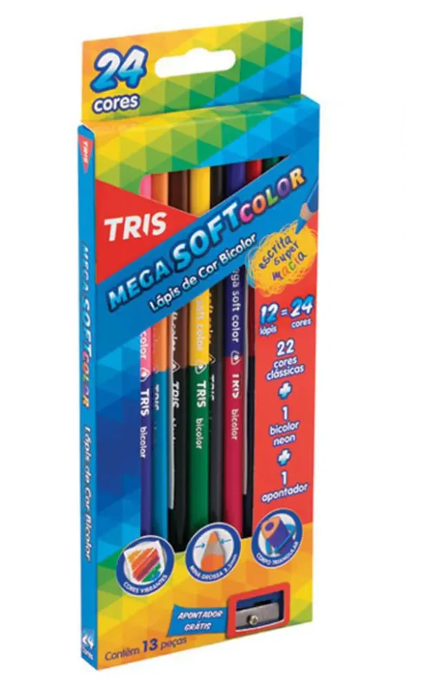 Lápis de Cor Mega Soft Bicolor – 12 Lápis + 24 Cores + 1 Apontador – TRIS