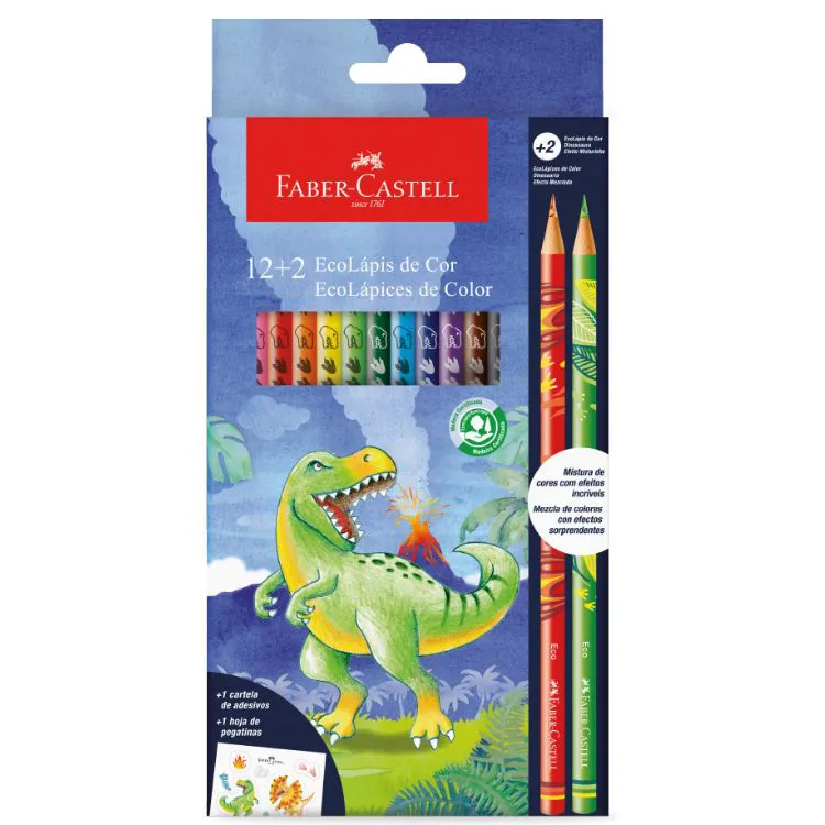 Lápis de Cor Dino - 12 + 2 Cores + 1 Cartela de Adesivo - FABER CASTELL